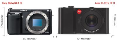 Größenvergleich: Sony Alpha NEX-F3 vs. Leica TL (Typ 701) Größenvergleich: Sony Alpha NEX-F3 vs. Leica TL (Typ 701)