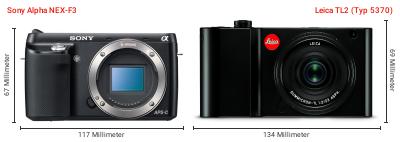 Größenvergleich: Sony Alpha NEX-F3 vs. Leica TL2 (Typ 5370) Größenvergleich: Sony Alpha NEX-F3 vs. Leica TL2 (Typ 5370)