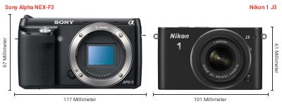 Größenvergleich: Sony Alpha NEX-F3 vs. Nikon 1 J3 Größenvergleich: Sony Alpha NEX-F3 vs. Nikon 1 J3