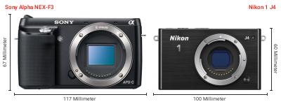 Größenvergleich: Sony Alpha NEX-F3 vs. Nikon 1 J4 Größenvergleich: Sony Alpha NEX-F3 vs. Nikon 1 J4