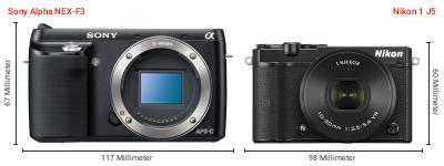 Größenvergleich: Sony Alpha NEX-F3 vs. Nikon 1 J5 Größenvergleich: Sony Alpha NEX-F3 vs. Nikon 1 J5