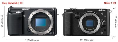 Größenvergleich: Sony Alpha NEX-F3 vs. Nikon 1 V3 Größenvergleich: Sony Alpha NEX-F3 vs. Nikon 1 V3