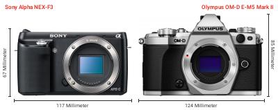 Größenvergleich: Sony Alpha NEX-F3 vs. OM System OM-D E-M5 Mark II