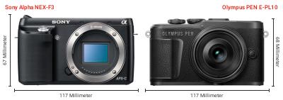 Größenvergleich: Sony Alpha NEX-F3 vs. OM System PEN E-PL10