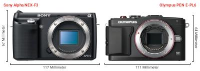 Größenvergleich: Sony Alpha NEX-F3 vs. OM System PEN E-PL6 Größenvergleich: Sony Alpha NEX-F3 vs. OM System PEN E-PL6