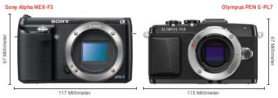 Größenvergleich: Sony Alpha NEX-F3 vs. OM System PEN E-PL7