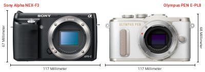 Größenvergleich: Sony Alpha NEX-F3 vs. OM System PEN E-PL8