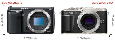 Größenvergleich: Sony Alpha NEX-F3 vs. OM System PEN E-PL9