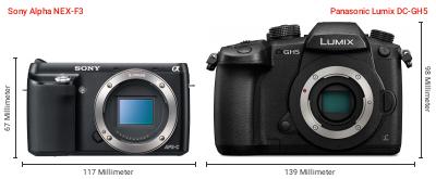 Größenvergleich: Sony Alpha NEX-F3 vs. Panasonic Lumix DC-GH5 Größenvergleich: Sony Alpha NEX-F3 vs. Panasonic Lumix DC-GH5