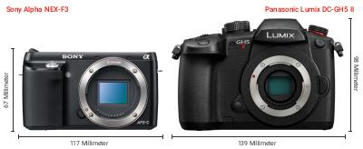 Größenvergleich: Sony Alpha NEX-F3 vs. Panasonic Lumix DC-GH5 II