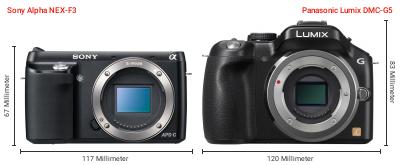 Größenvergleich: Sony Alpha NEX-F3 vs. Panasonic Lumix DMC-G5 Größenvergleich: Sony Alpha NEX-F3 vs. Panasonic Lumix DMC-G5