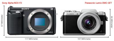 Größenvergleich: Sony Alpha NEX-F3 vs. Panasonic Lumix DMC-GF7 Größenvergleich: Sony Alpha NEX-F3 vs. Panasonic Lumix DMC-GF7