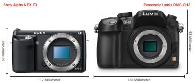 Größenvergleich: Sony Alpha NEX-F3 vs. Panasonic Lumix DMC-GH3 Größenvergleich: Sony Alpha NEX-F3 vs. Panasonic Lumix DMC-GH3