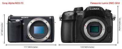 Größenvergleich: Sony Alpha NEX-F3 vs. Panasonic Lumix DMC-GH4 Größenvergleich: Sony Alpha NEX-F3 vs. Panasonic Lumix DMC-GH4