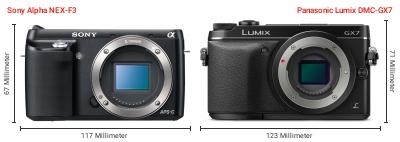 Größenvergleich: Sony Alpha NEX-F3 vs. Panasonic Lumix DMC-GX7 Größenvergleich: Sony Alpha NEX-F3 vs. Panasonic Lumix DMC-GX7