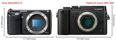Größenvergleich: Sony Alpha NEX-F3 vs. Panasonic Lumix DMC-GX8 Größenvergleich: Sony Alpha NEX-F3 vs. Panasonic Lumix DMC-GX8