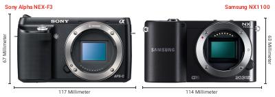 Größenvergleich: Sony Alpha NEX-F3 vs. Samsung NX1100 Größenvergleich: Sony Alpha NEX-F3 vs. Samsung NX1100