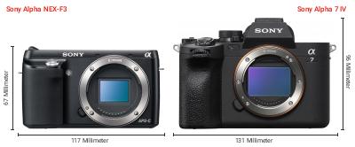 Größenvergleich: Sony Alpha NEX-F3 vs. Sony Alpha 7 IV