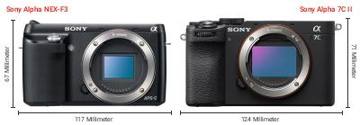 Größenvergleich: Sony Alpha NEX-F3 vs. Sony Alpha 7C II Größenvergleich: Sony Alpha NEX-F3 vs. Sony Alpha 7C II