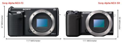 Größenvergleich: Sony Alpha NEX-F3 vs. Sony Alpha NEX-5R Größenvergleich: Sony Alpha NEX-F3 vs. Sony Alpha NEX-5R
