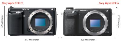 Größenvergleich: Sony Alpha NEX-F3 vs. Sony Alpha NEX-6 Größenvergleich: Sony Alpha NEX-F3 vs. Sony Alpha NEX-6
