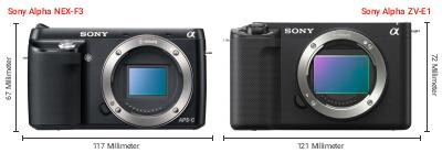 Größenvergleich: Sony Alpha NEX-F3 vs. Sony Alpha ZV-E1 Größenvergleich: Sony Alpha NEX-F3 vs. Sony Alpha ZV-E1