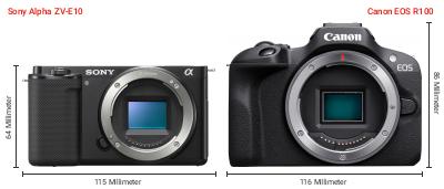 Größenvergleich: Sony Alpha ZV-E10 vs. Canon EOS R100 Größenvergleich: Sony Alpha ZV-E10 vs. Canon EOS R100