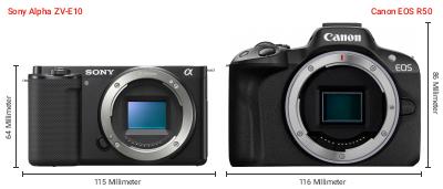 Größenvergleich: Sony Alpha ZV-E10 vs. Canon EOS R50 Größenvergleich: Sony Alpha ZV-E10 vs. Canon EOS R50