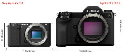 Größenvergleich: Sony Alpha ZV-E10 vs. Fujifilm GFX 50S II Größenvergleich: Sony Alpha ZV-E10 vs. Fujifilm GFX 50S II