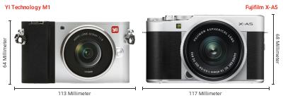 Größenvergleich: YI Technology M1 vs. Fujifilm X-A5 Größenvergleich: YI Technology M1 vs. Fujifilm X-A5