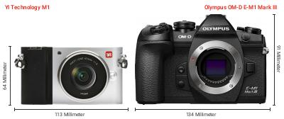 Größenvergleich: YI Technology M1 vs. OM System OM-D E-M1 Mark III Größenvergleich: YI Technology M1 vs. OM System OM-D E-M1 Mark III